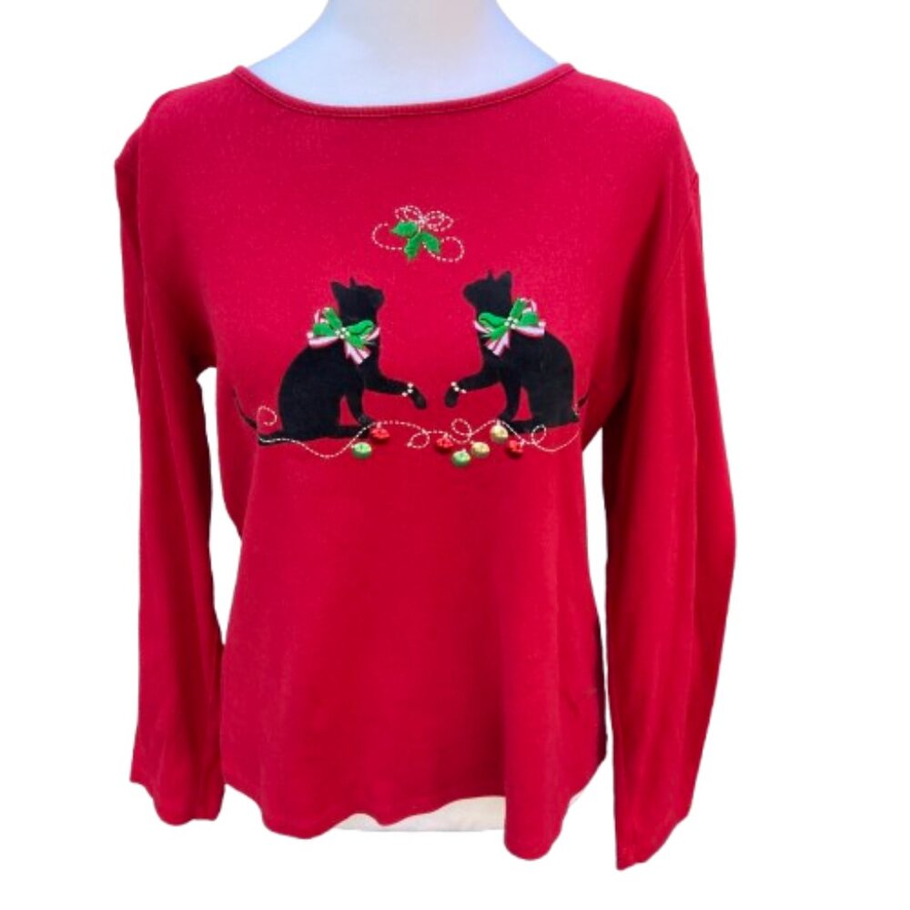 Karen Scott Red Holiday Tee-Shirt with Two Festive Cats Embellished, size Medium